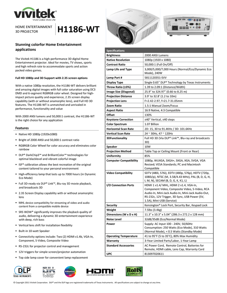 View Vivitek H1186 Wt Projector Sheet Manualzz Com View Vivitek H1186 Wt Projector Sheet