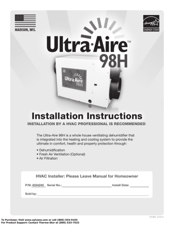 Ultra-Aire 98H Installation Owner s Manual | Manualzz