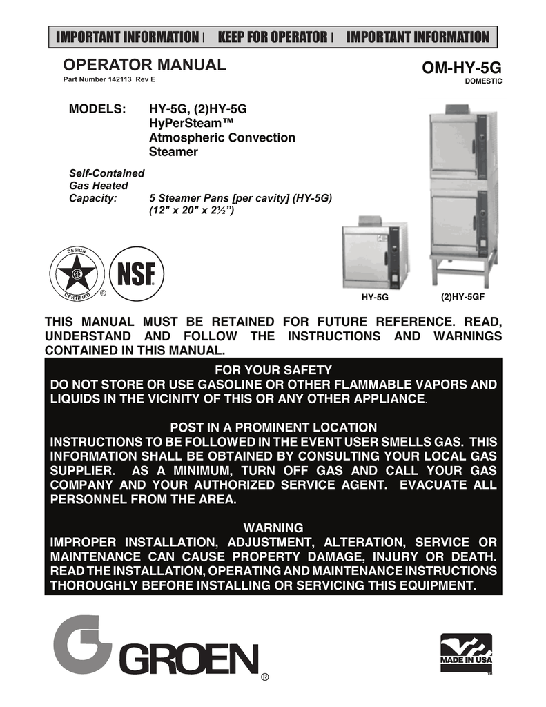 Groen HyPerSteam Pressureless Steamer Operator s Manual - Models HY-5G (2)HY | manualzz.com