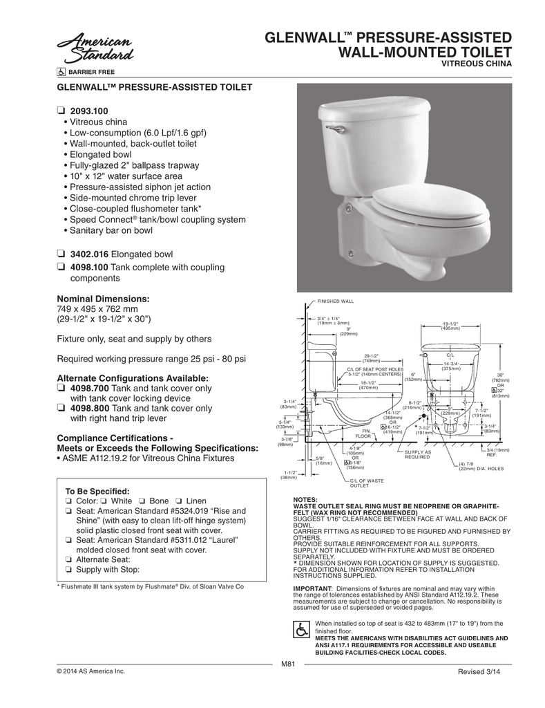 American Standard 4098.100.020 Cadet Flushometer Toilet Tank Tank Only