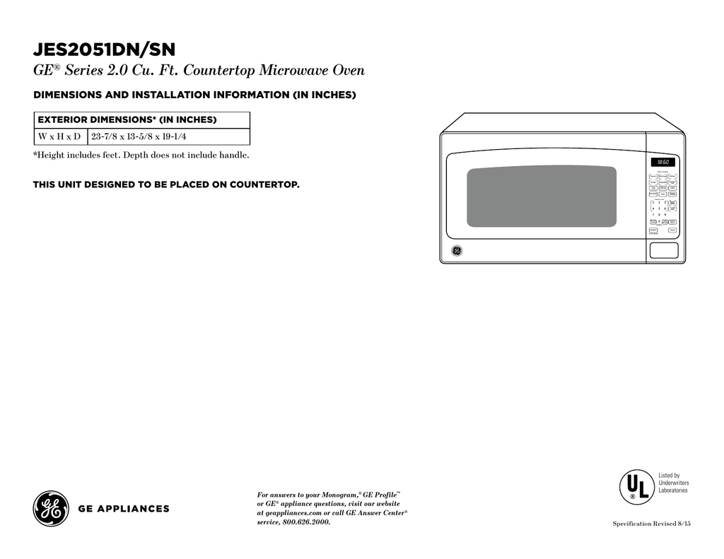 Jes2051dn Sn Ge Series 2 0 Cu Ft Countertop Microwave Oven