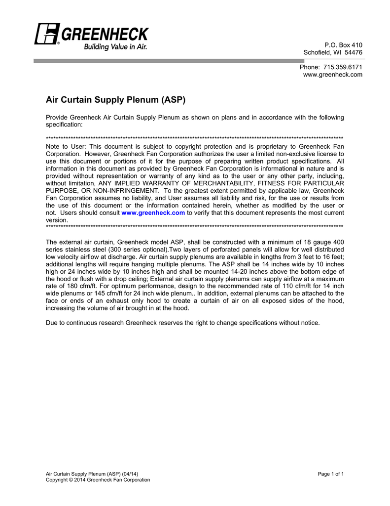 Air Curtain Supply Plenum Asp Manualzz Com