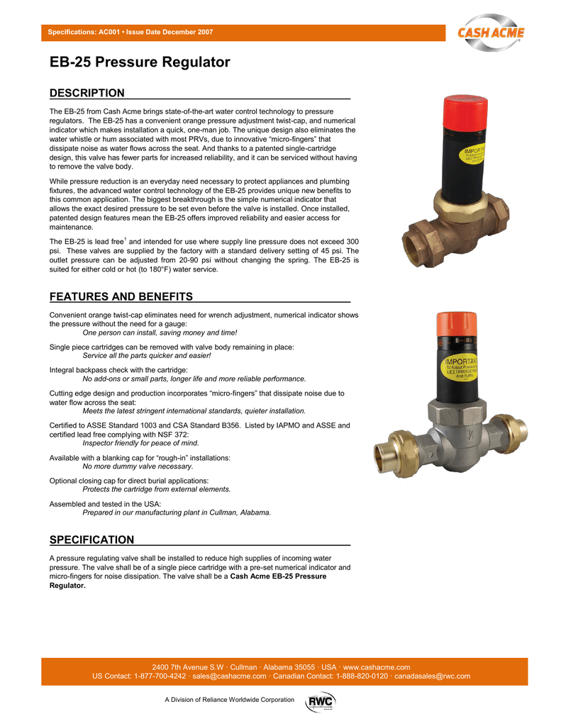 Cash Acme Eb25 Brass 3 4 In Fnpt Pressure Regulator Valve Guide Manualzz