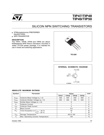 TIP48 NPN Medium Power Silicon Transistor CS = TO220 1 Pc