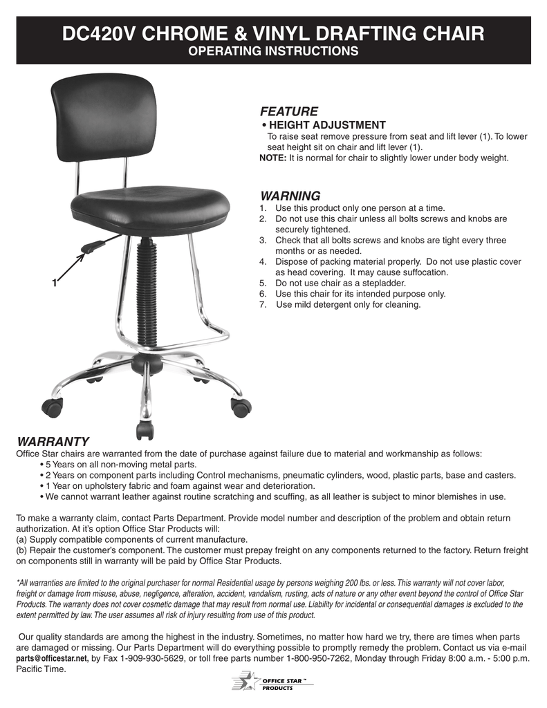 Dc420v Chrome Amp Vinyl Drafting Chair Operating Instructions Drafting Chair Operating Instructions