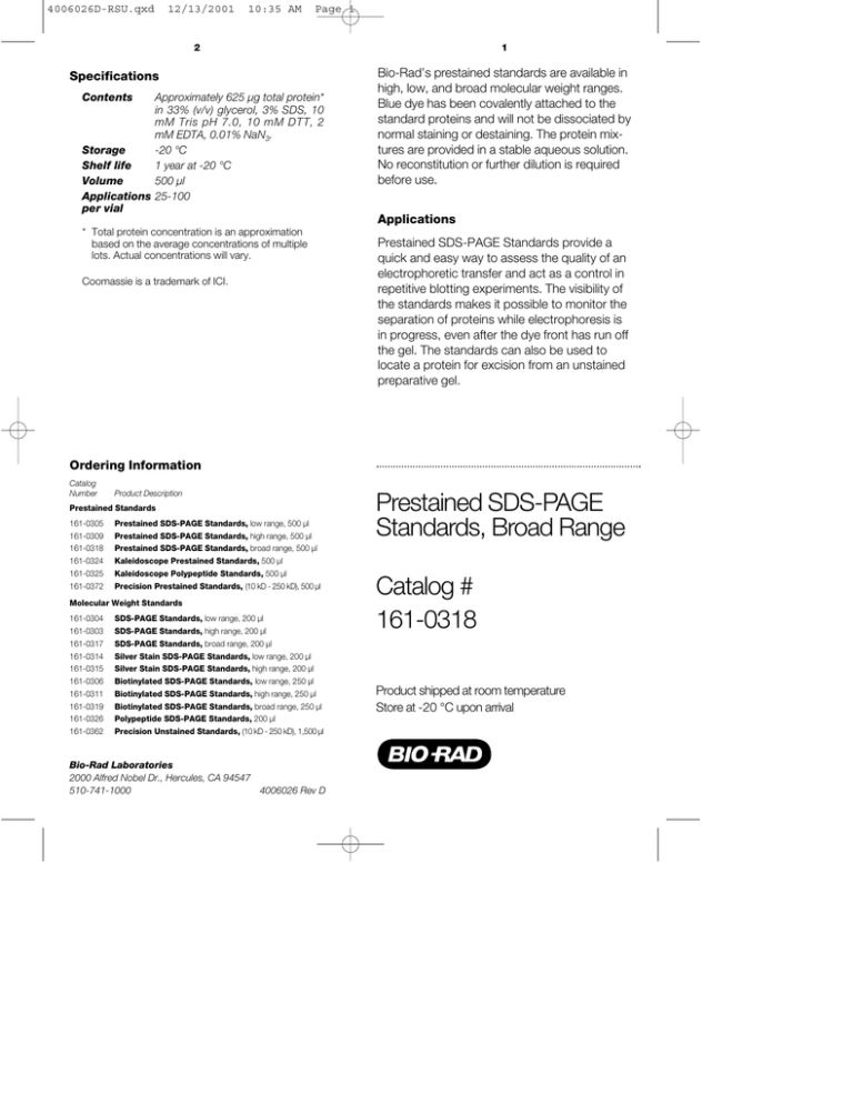 Bio Rad S Prestained Standards Are Available In Specifications Manualzz