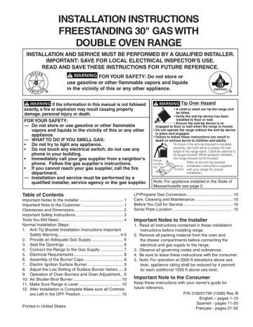 INSTALLATION INSTRUCTIONS FREESTANDING 30" GAS WITH DOUBLE OVEN RANGE | Manualzz