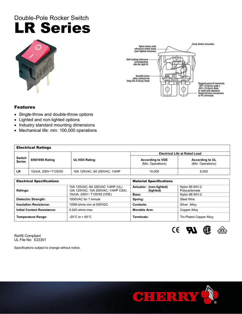 2pc CHERRY LR SERIES T125/55 Rocker Switch 10A 250VAC DPST 