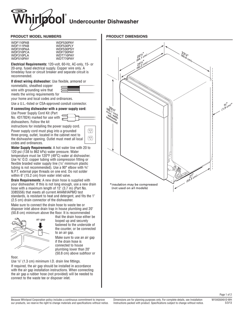 whirlpool dishwasher specifications