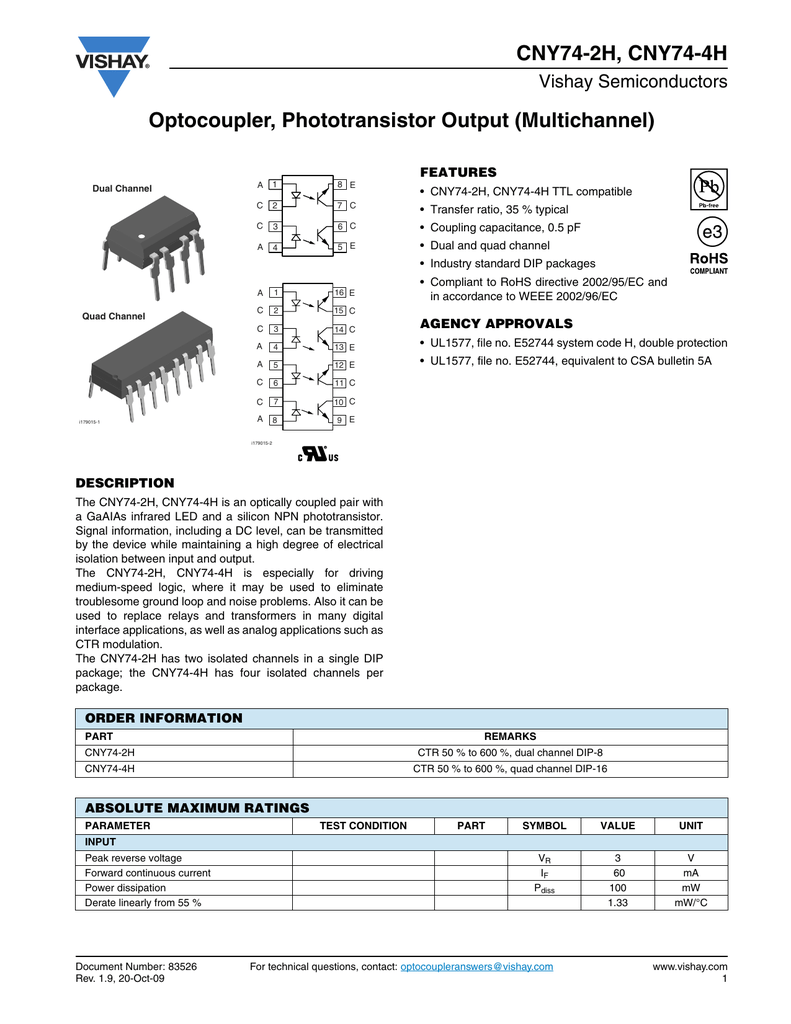 CNY74-4H Optocoupler THT Channels4 Out transistor Uinsul5kV Uce70V