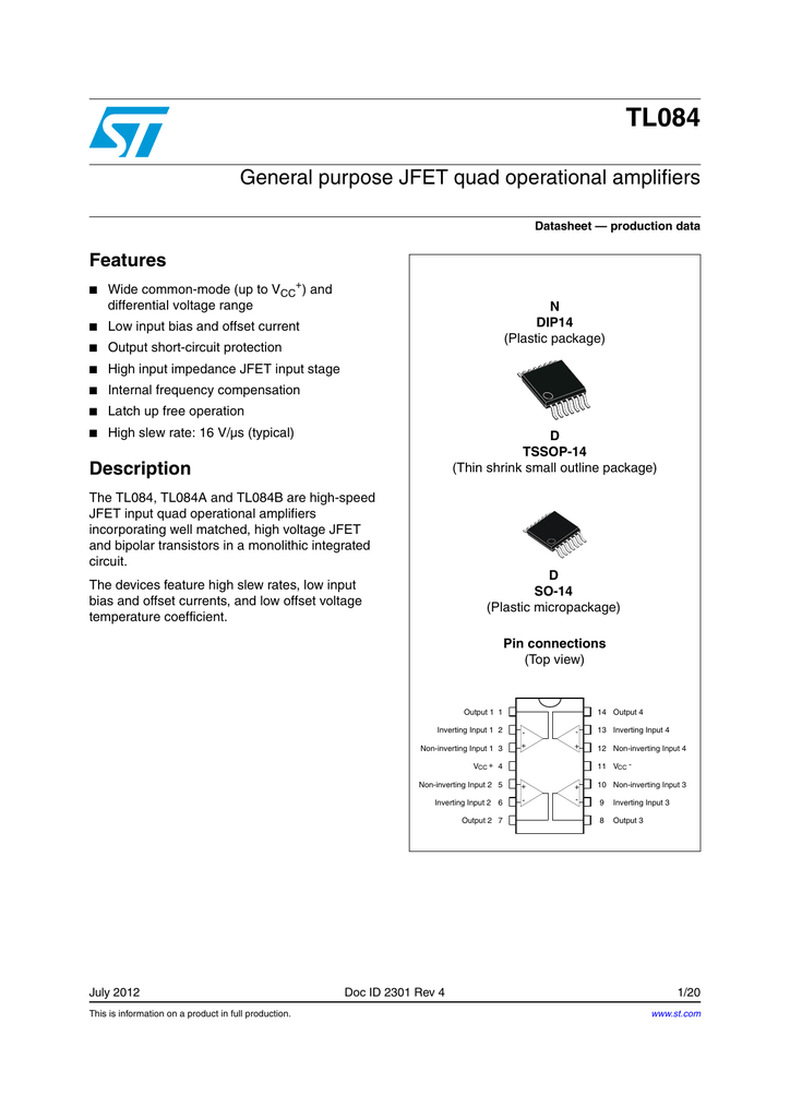 Tl084 General Purpose Jfet Quad Operational Amplifiers Features Manualzz