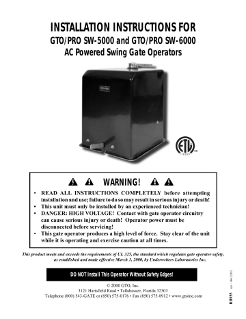 Important Safety Instructions Specific To Secondary Means Of Protection Against Entrapment Gto Pro Sw 6100 Sw 5000 Sw 6000 Pro Sw 5100 Important Safety Instructions Specific To Secondary Means Of Protection Against Entrapment