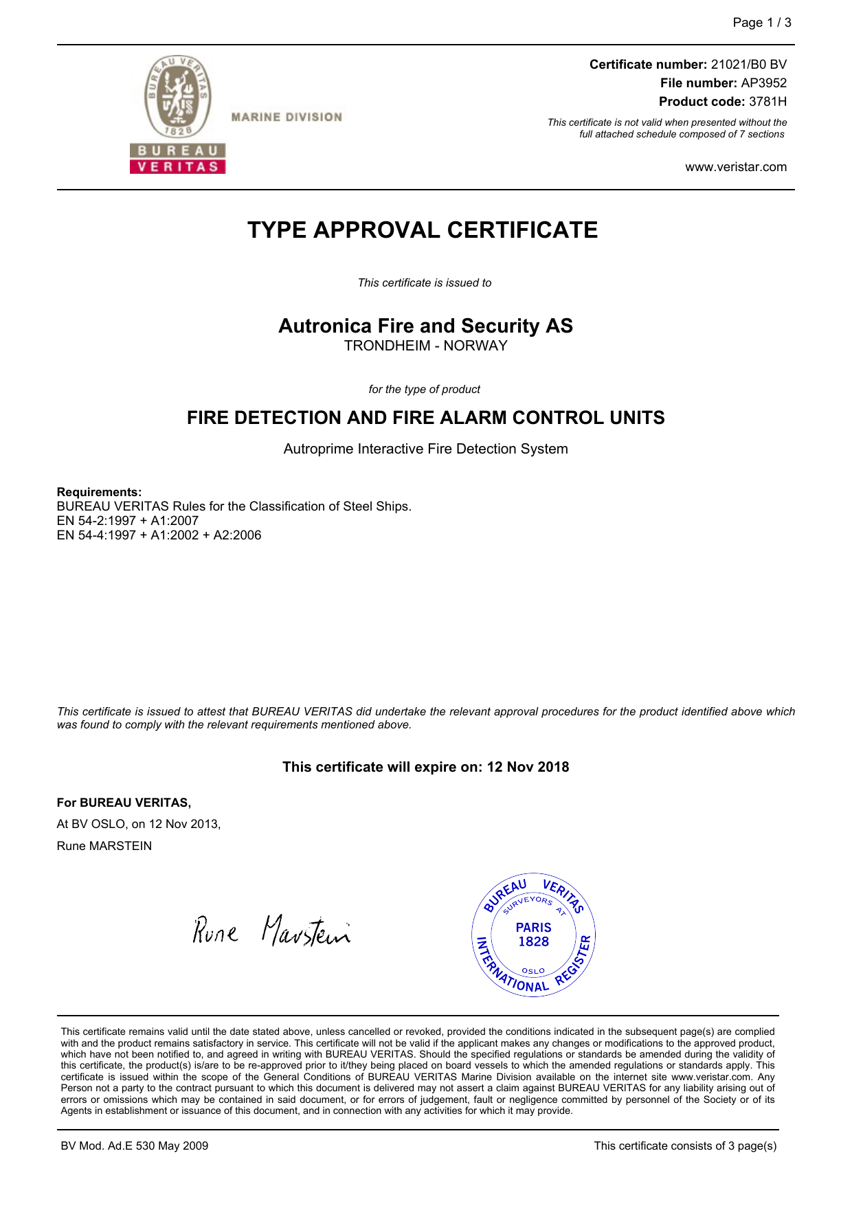 type approval certificate - Autronica Fire and Security ...