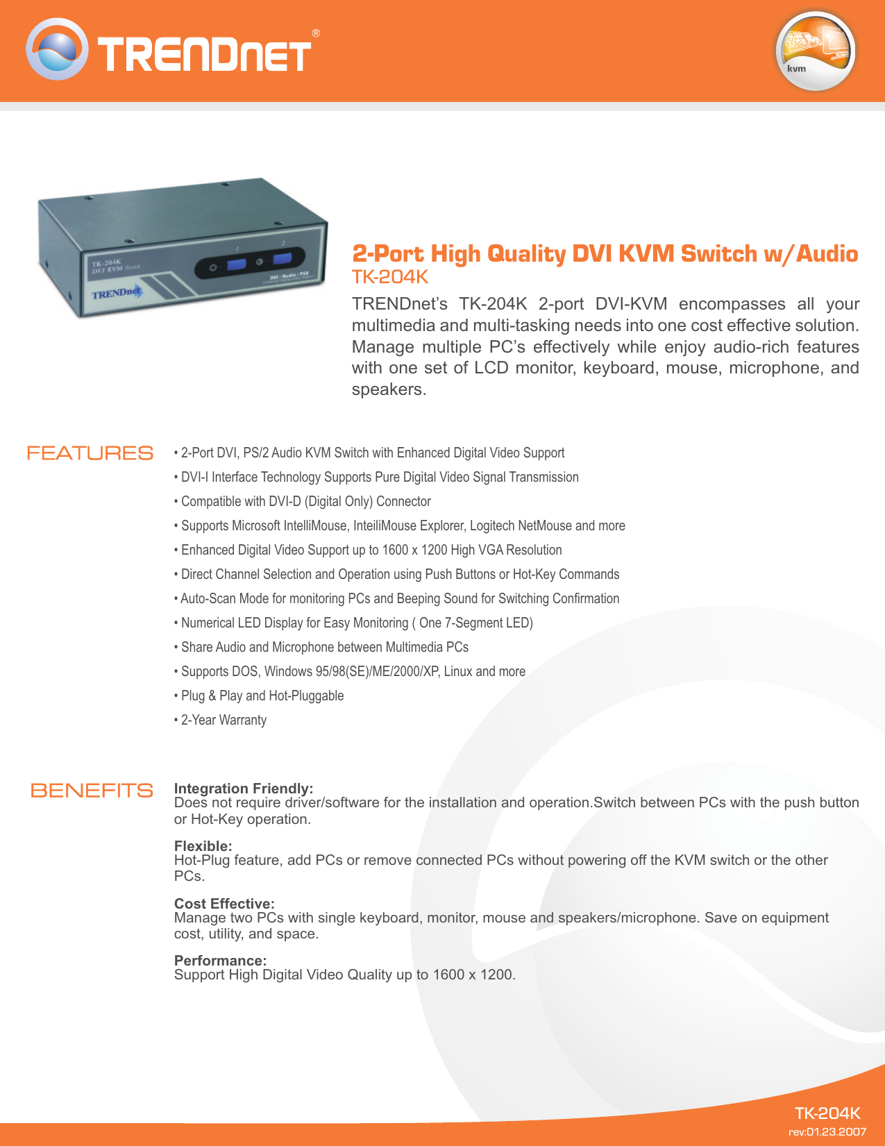 Kit de conmutador KVM USB DVI de 2 Puertos con Audio TRENDnet TK-204UK