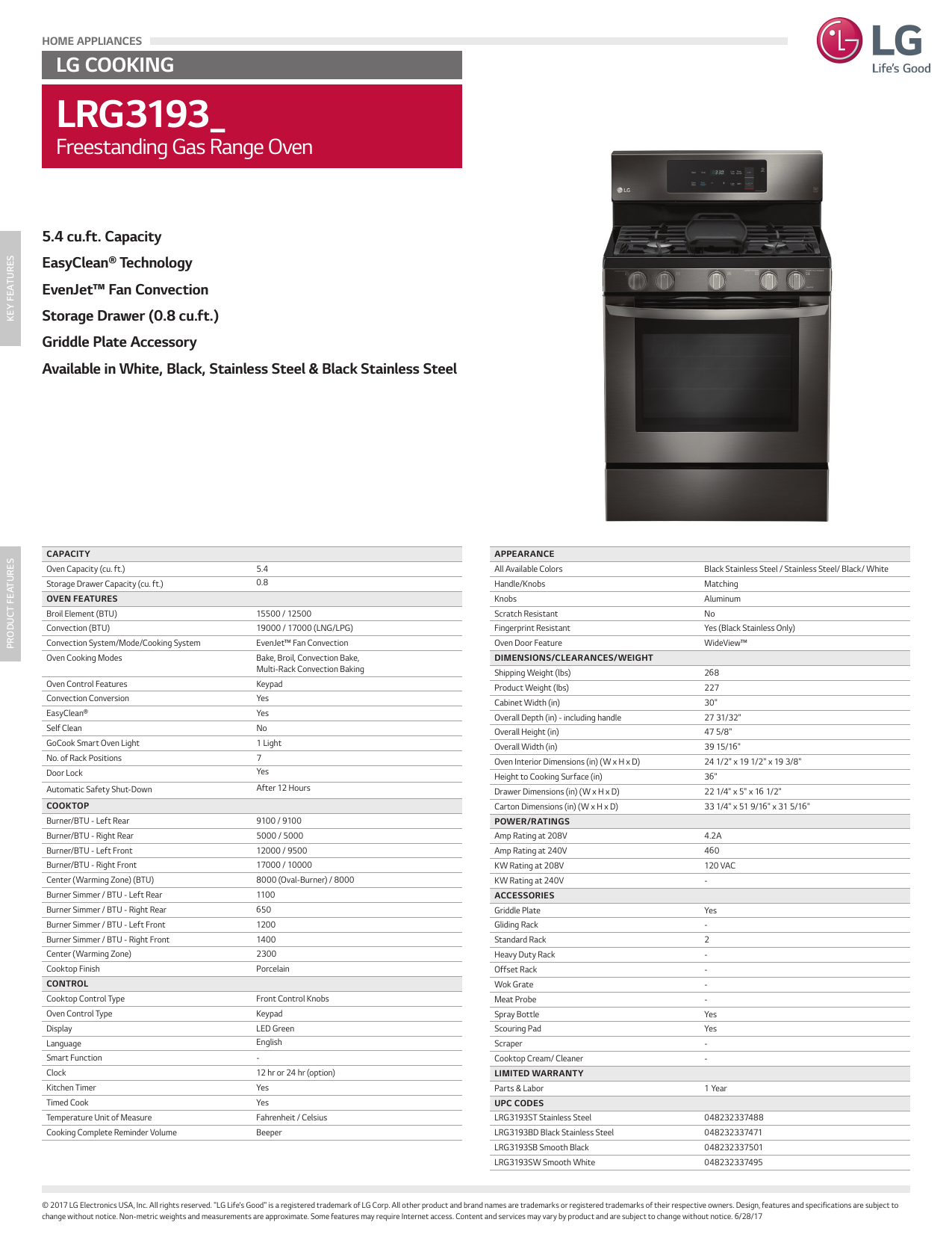 LG LRG3194ST: 5.4 cu. ft. Capacity Gas Single Oven Range