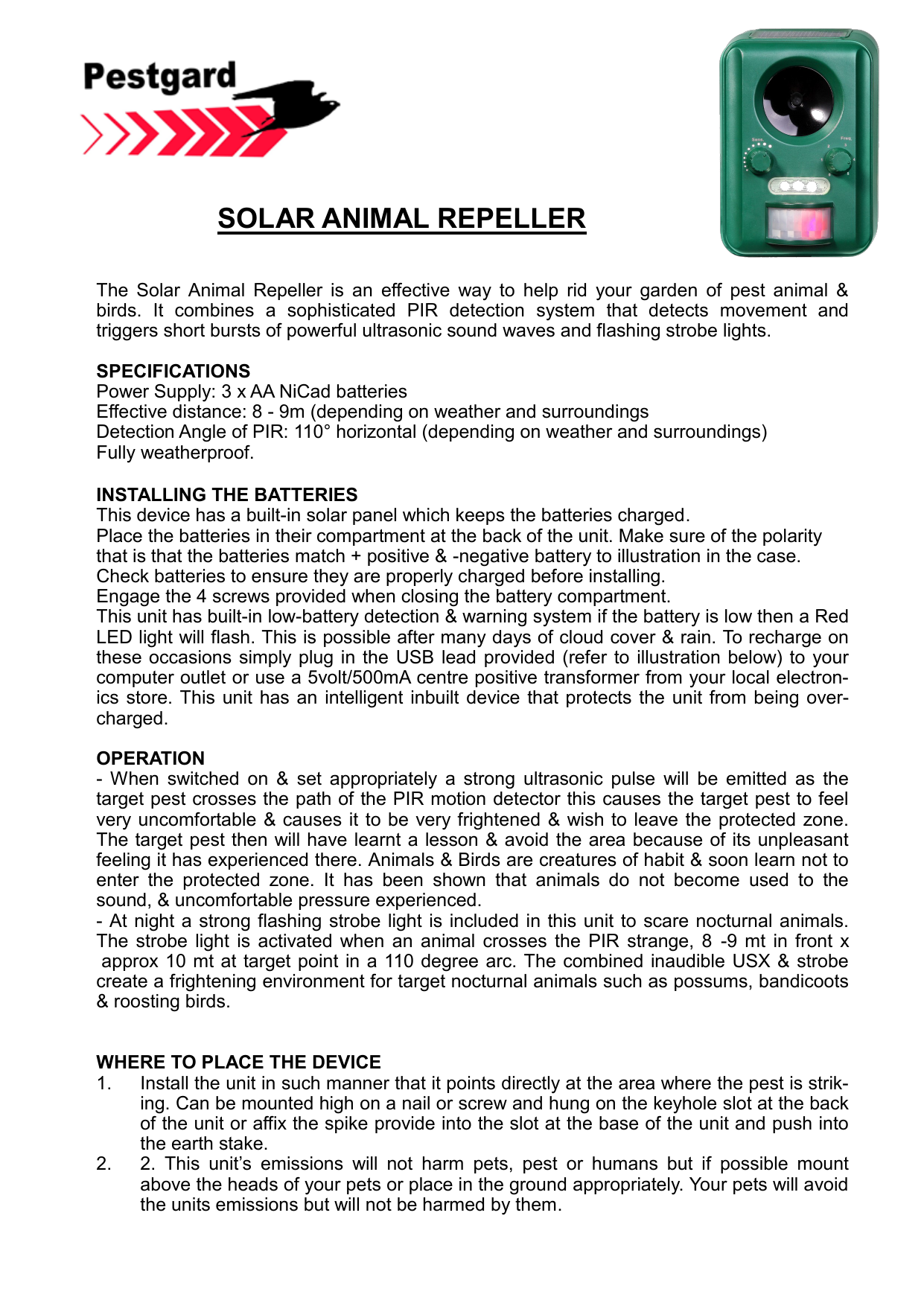 SereneLife PSLSAR3 Solar Power Ultrasonic Animal & Pest Repeller Motion Detector 