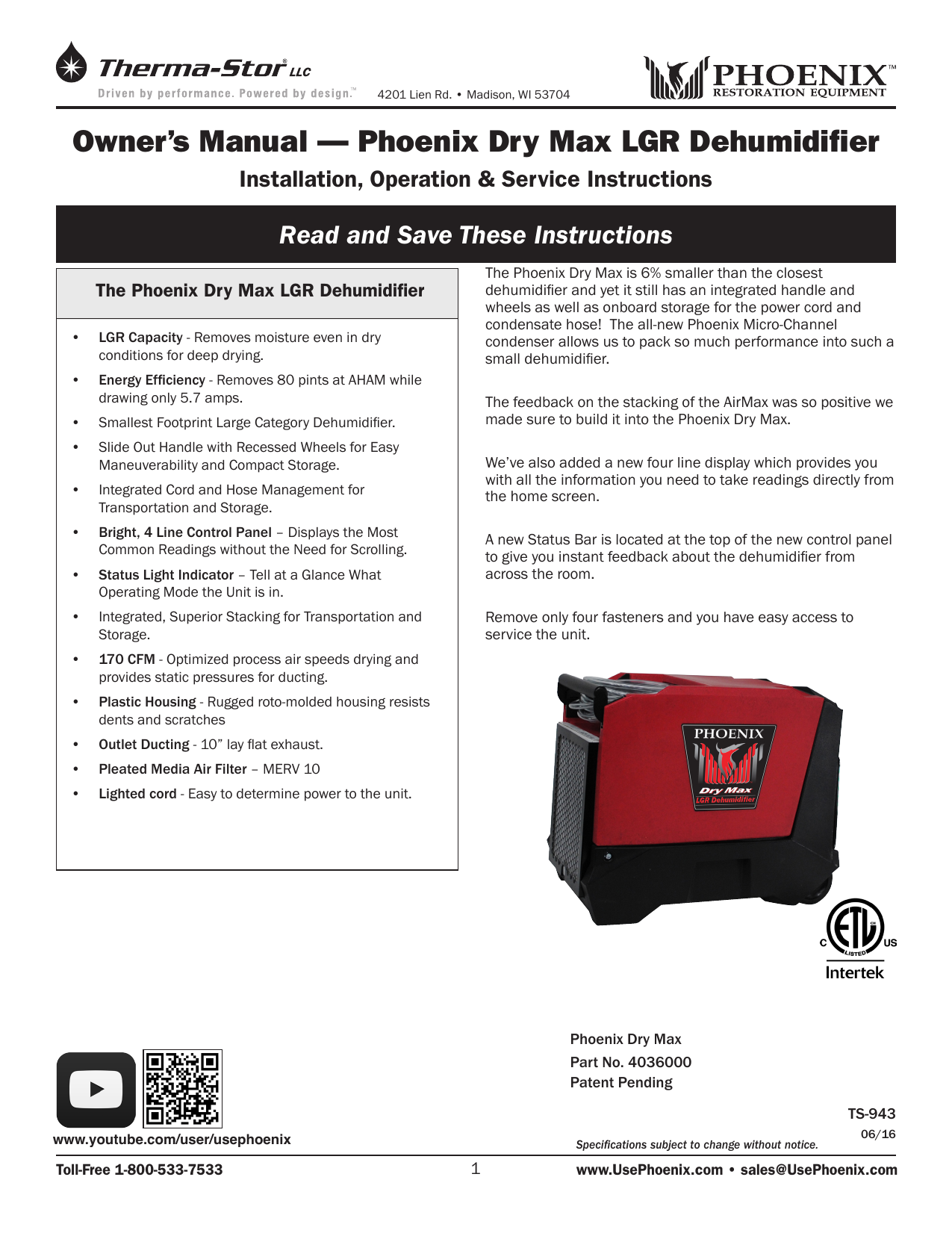 Owner`s Manual — Phoenix Dry Max LGR Dehumidifier Manualzz