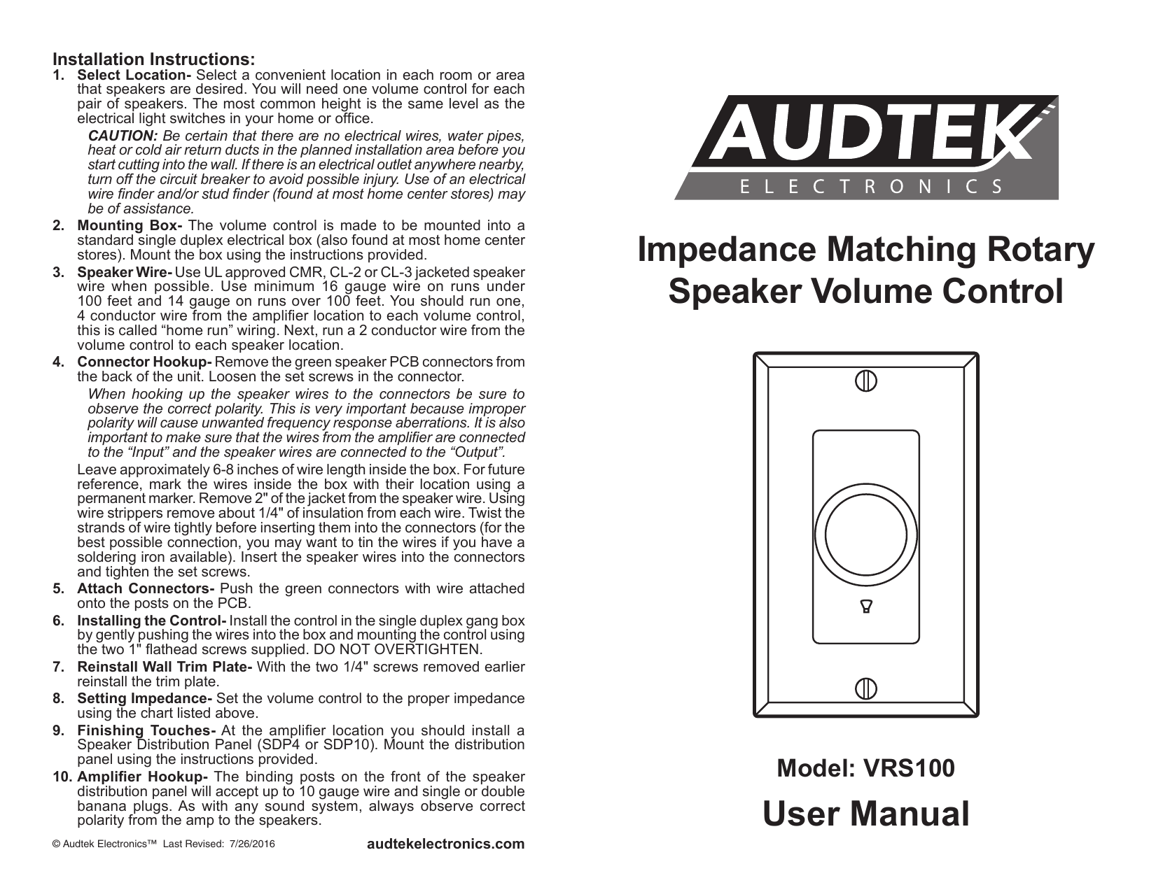 Audtek CSVC50 Impedance Matching Rotary Volume Control 