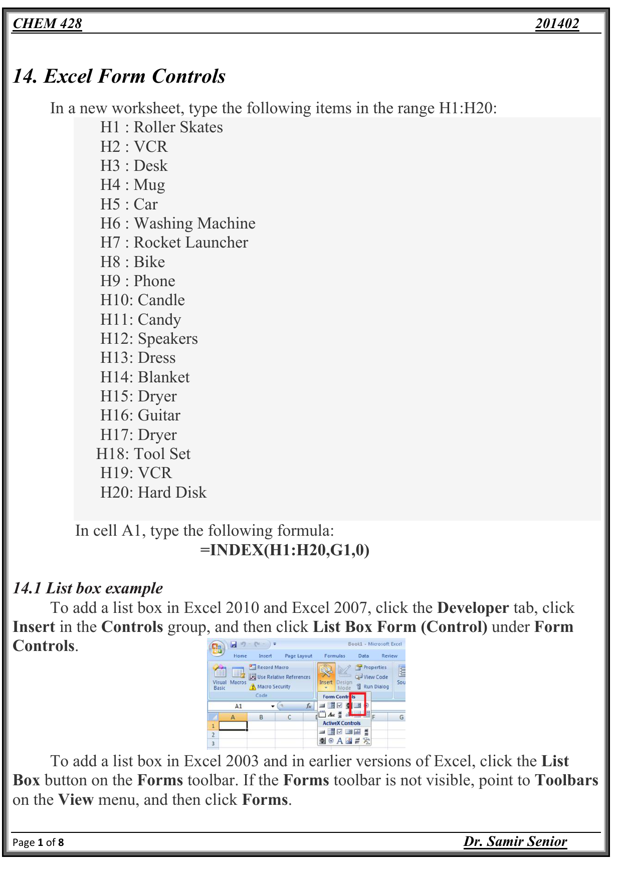 insert combo box excel 2010