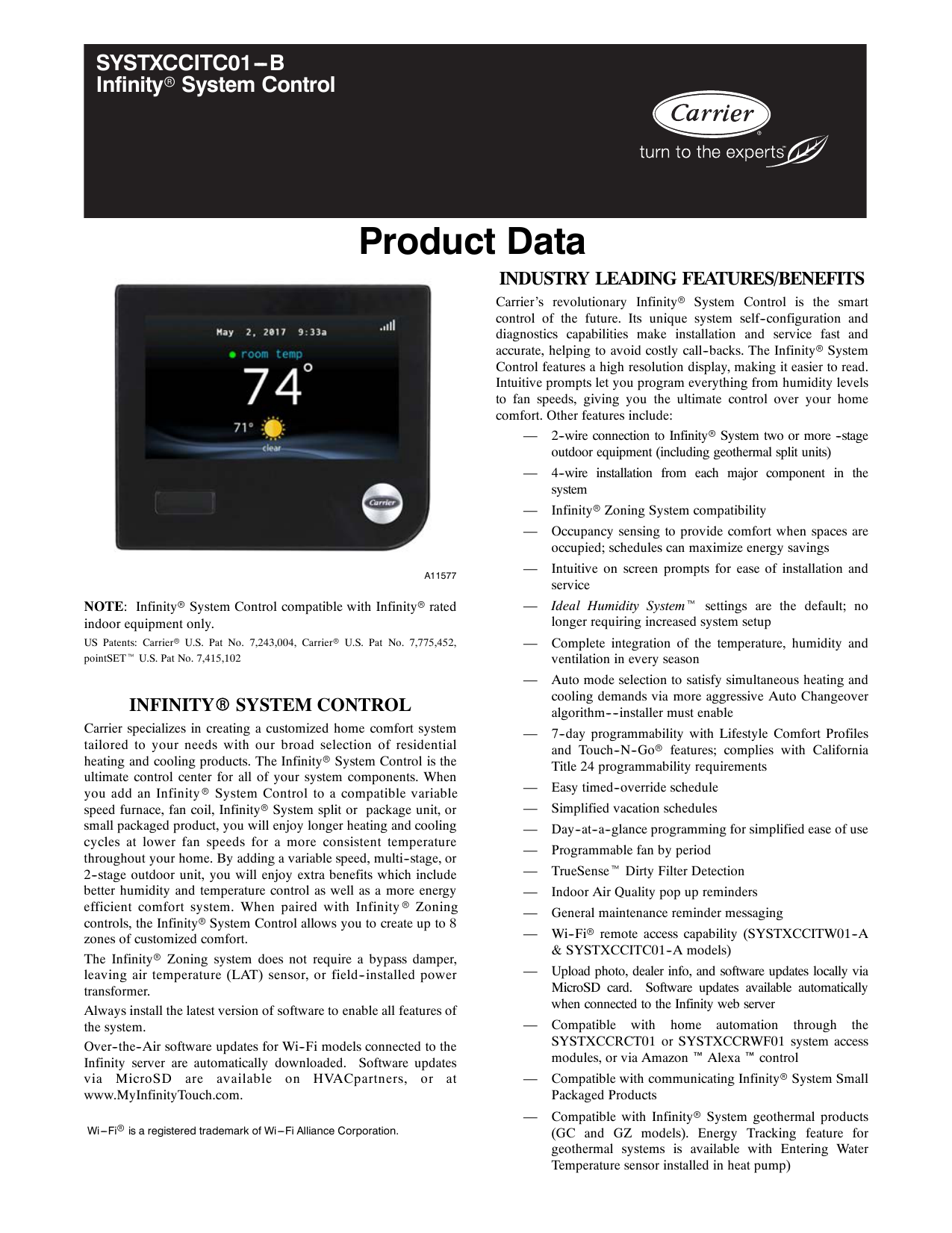 Carrier Systxccsms01 Infinity System Smart Room Sensor Systxccsms01 B