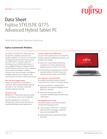 Data Sheet Fujitsu STYLISTIC Q775 Advanced Hybrid Tablet PC | Manualzz