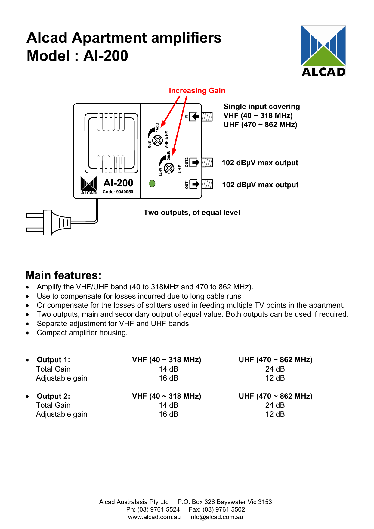 Alcad Apartment Amplifiers Model : AI-200 | Manualzz