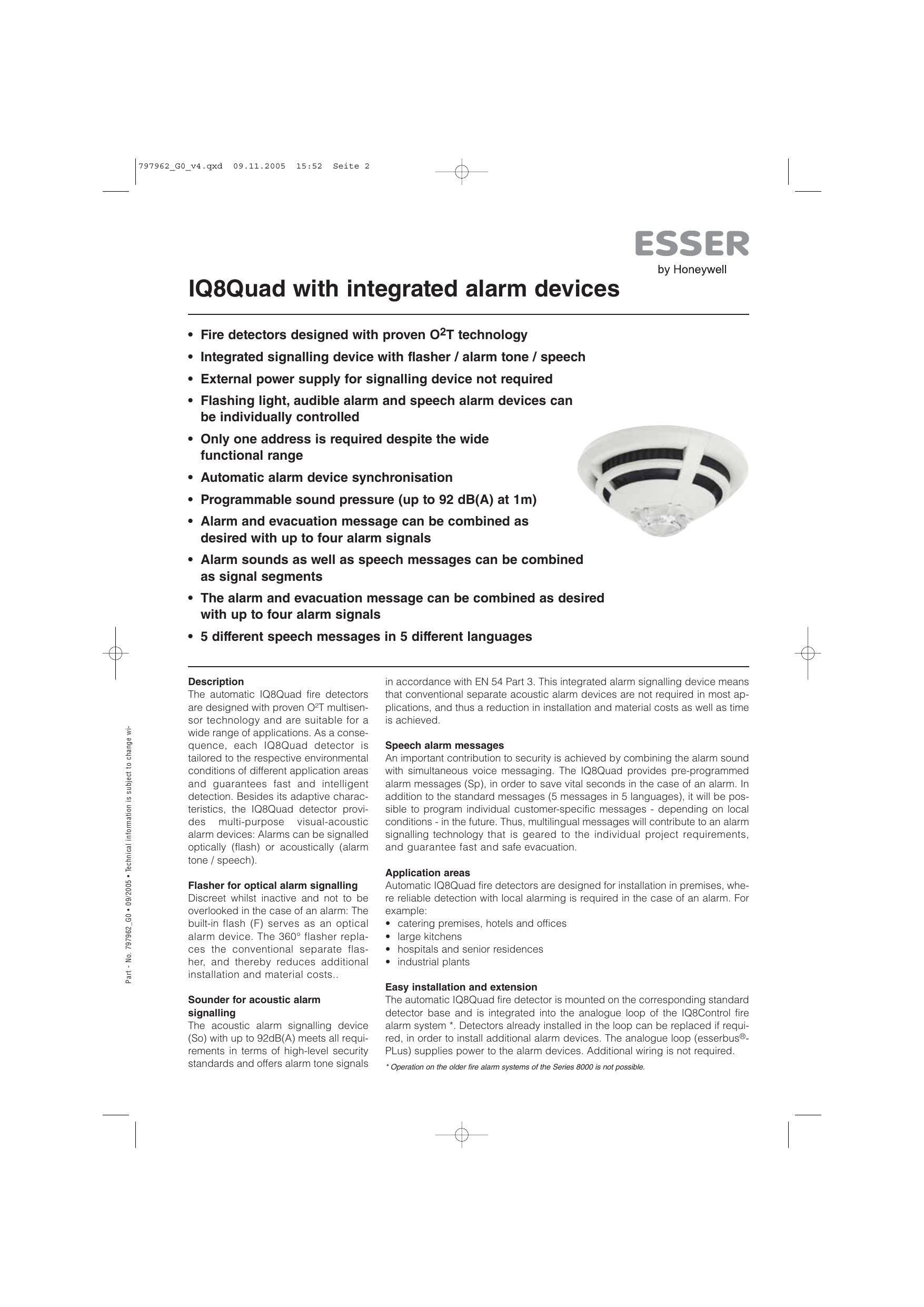 Esser IQ 8 Quad O2T/FSp Multisensor Detector Flash light Warning Chime language 802385 