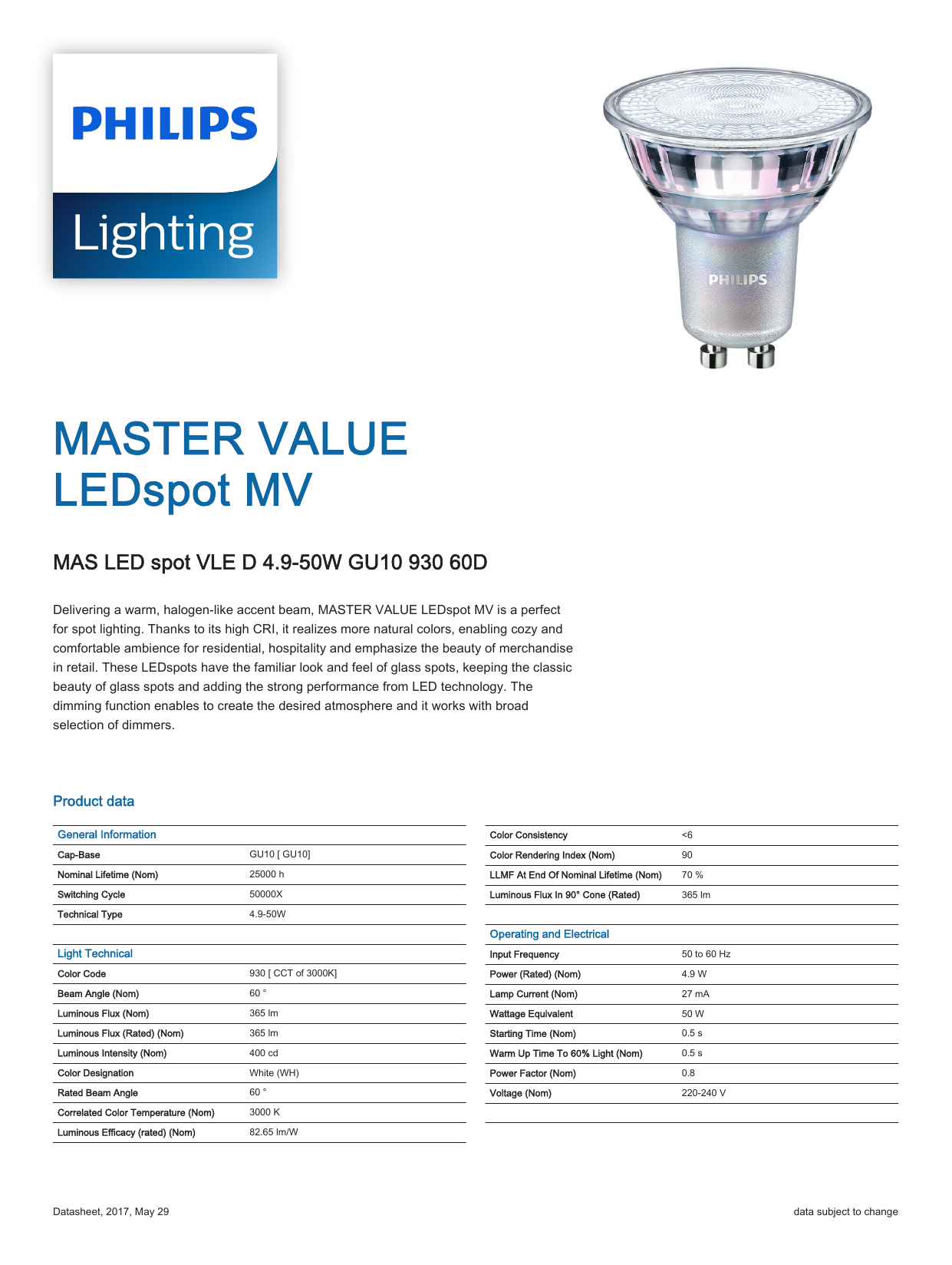 Philips MASTER LED spot VLE D 4.9-50W GU10 940 60D 