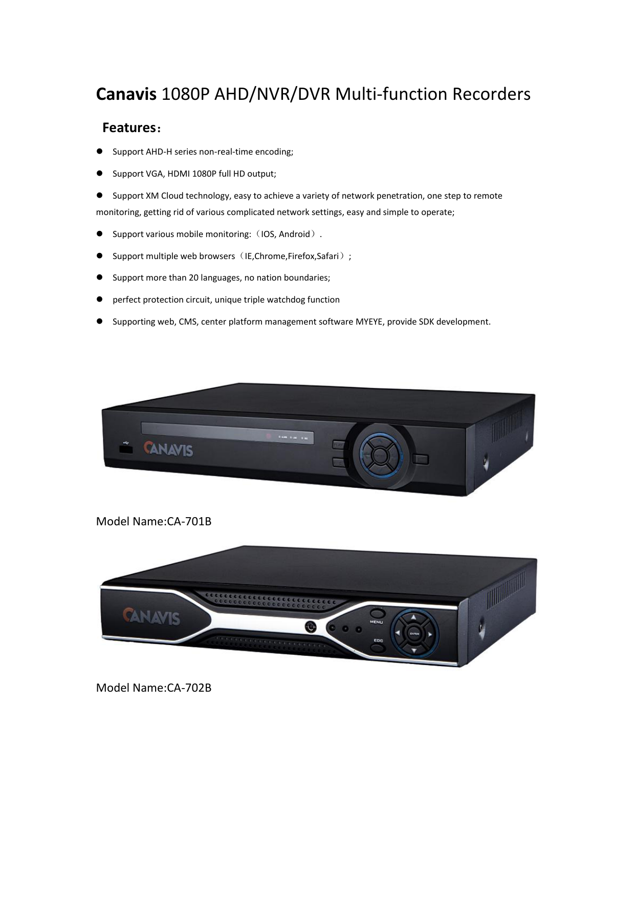 Canavis 1080P AHD/NVR/DVR Multi-function | Manualzz