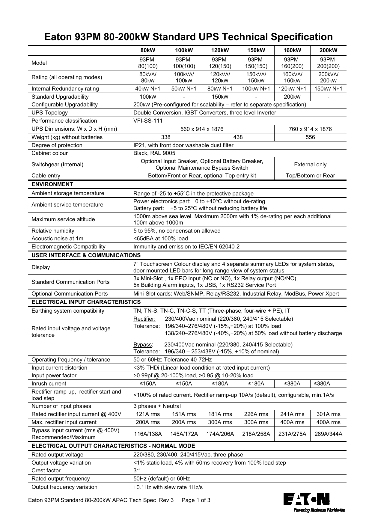 Eaton 93PM 80-200kW Standard UPS Technical Specification | Manualzz
