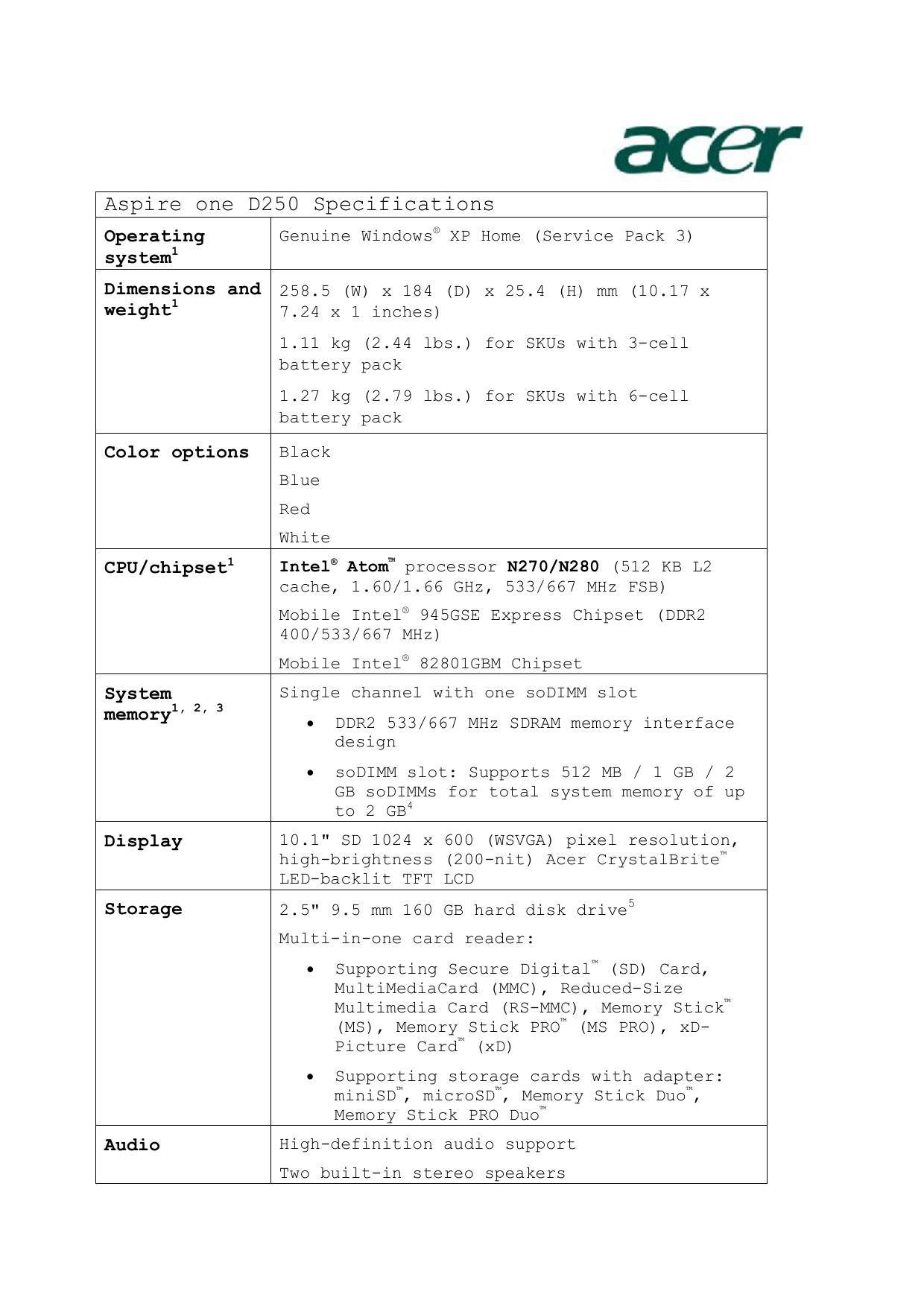 Aspire One D250 Specifications Manualzz