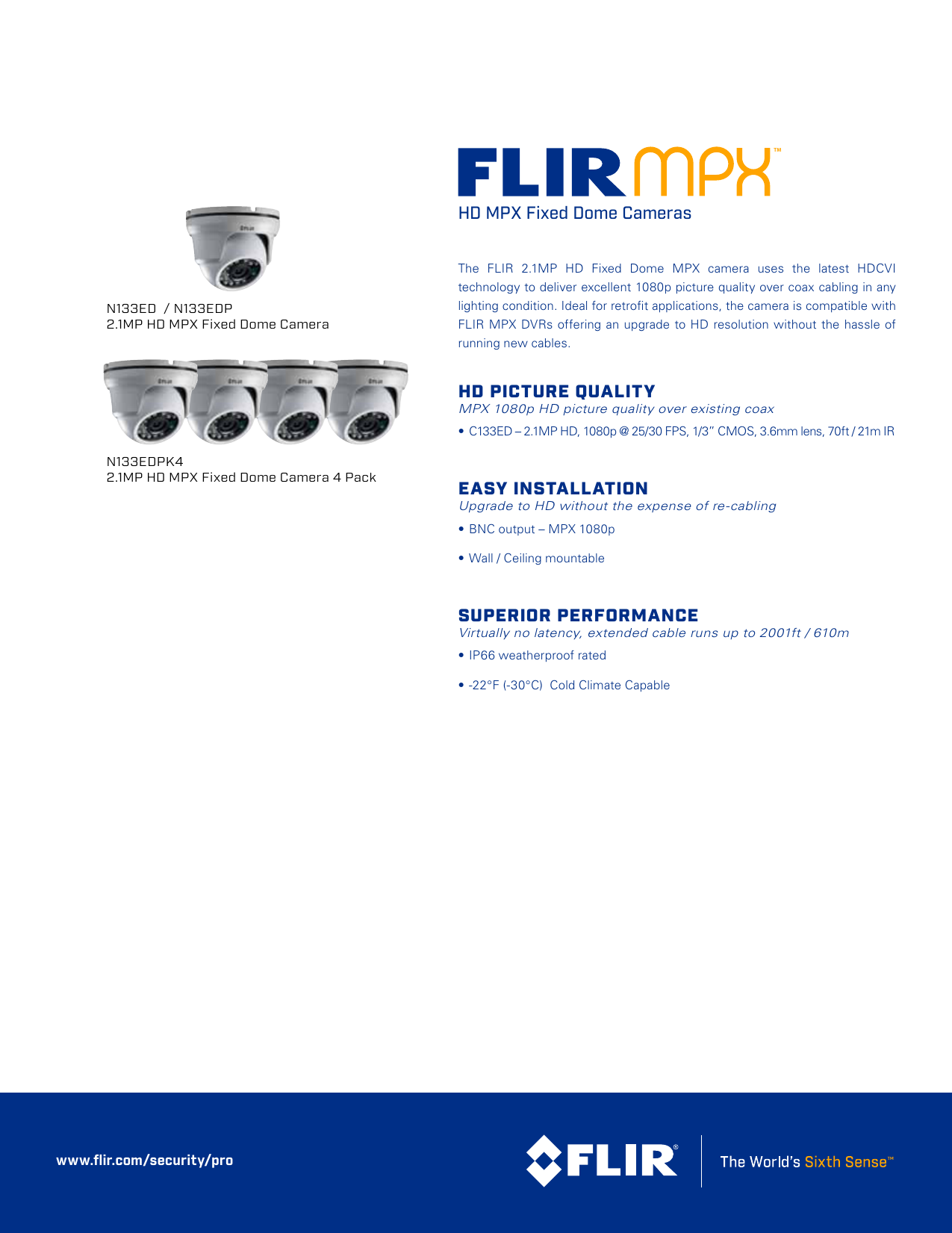 FLIR N133ED 2.1MP HD 1080p Fixed IP EYEBALL Dome Camera PoE 3.6mm lens IP66 