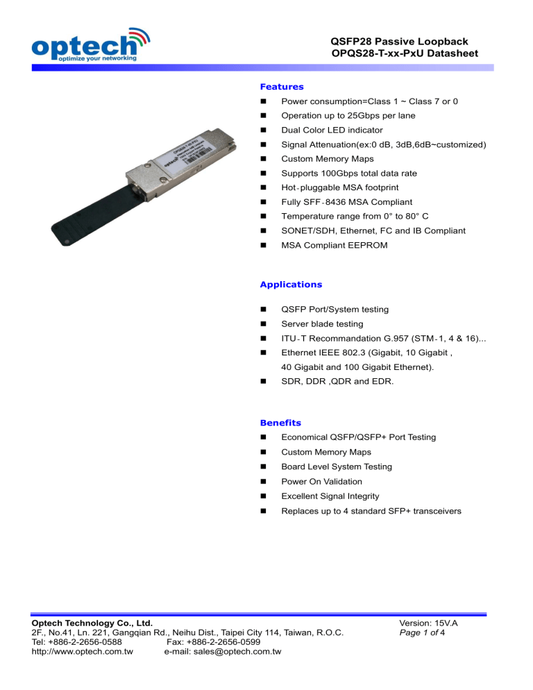 Qsfp28 Passive Loopback Opqs28 T Xx Pxu Datasheet Manualzz