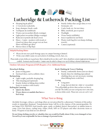 Packing List For Lutheridge And Lutherock Manualzz