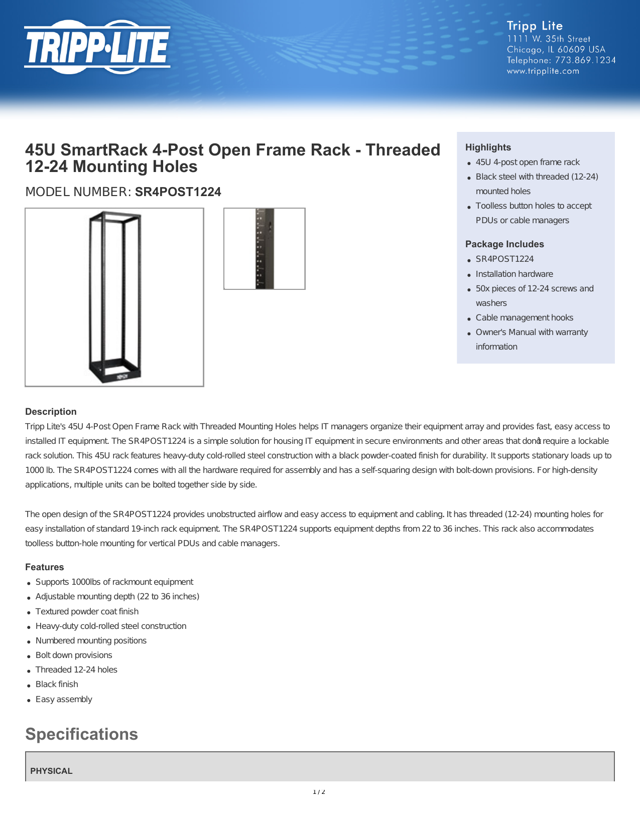 Black Tripp Lite SR4POST1224 45U 4-Post Open Frame Rack Cabinet Threaded 12-24 Mounted Holes
