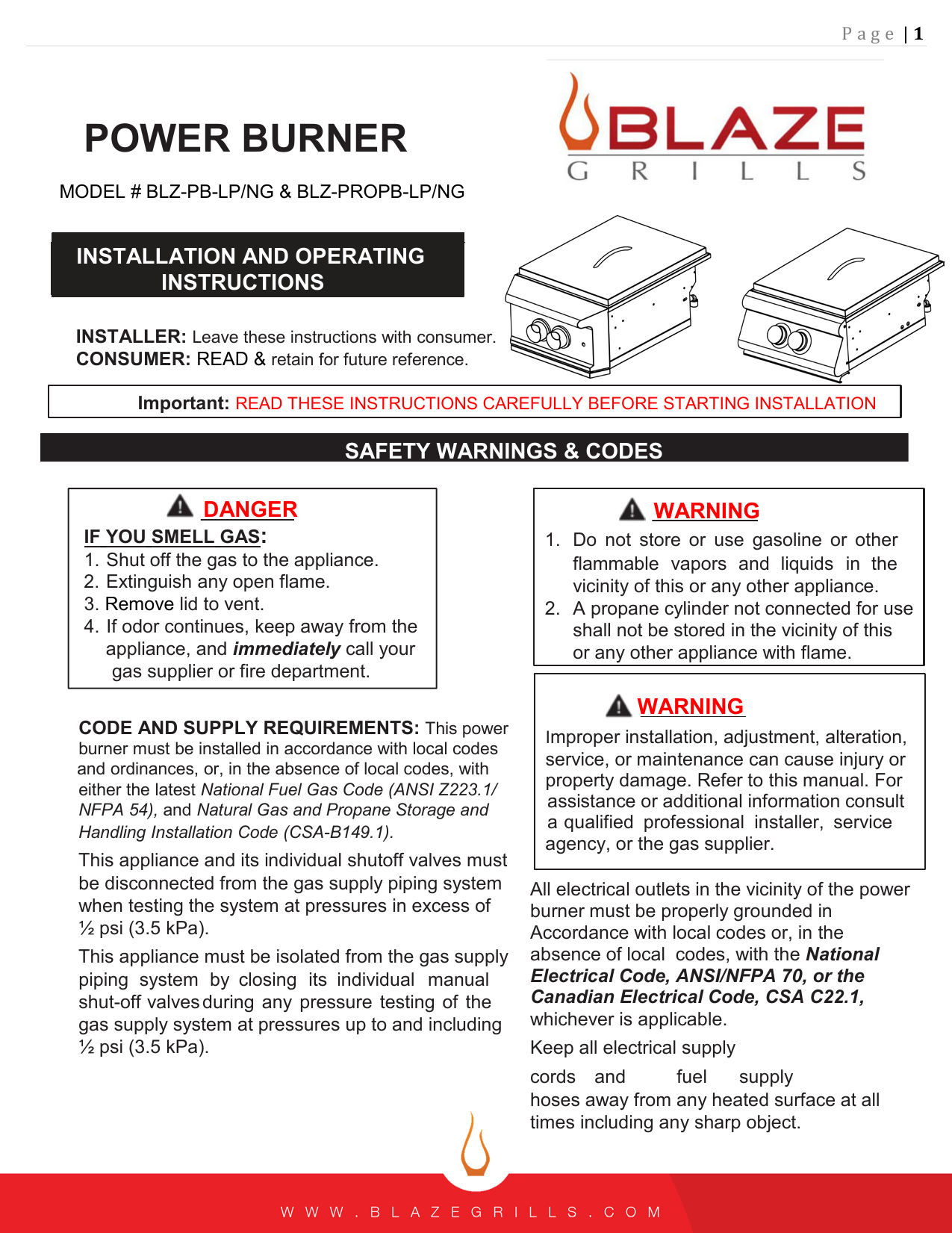 Blaze Power Burner User Guide Manualzz