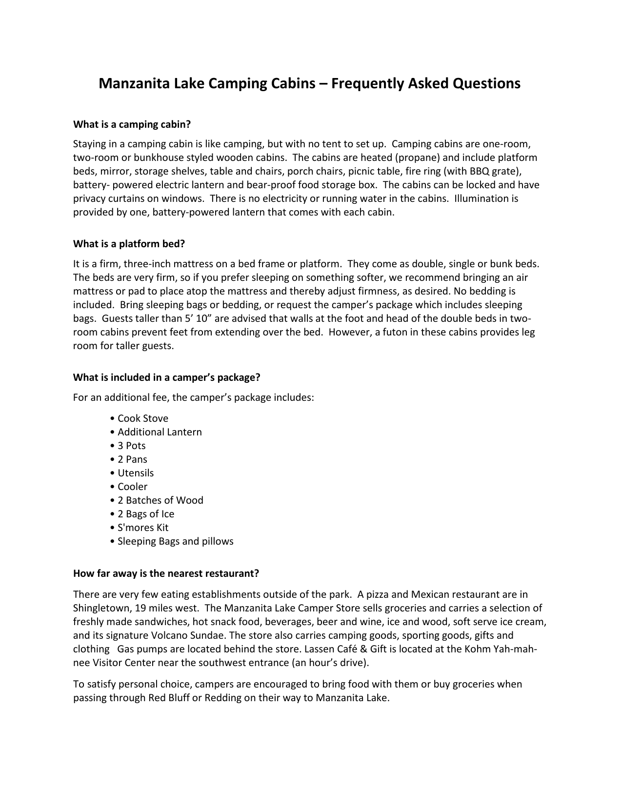 Manzanita Lake Camping Cabins Frequently Asked Questions
