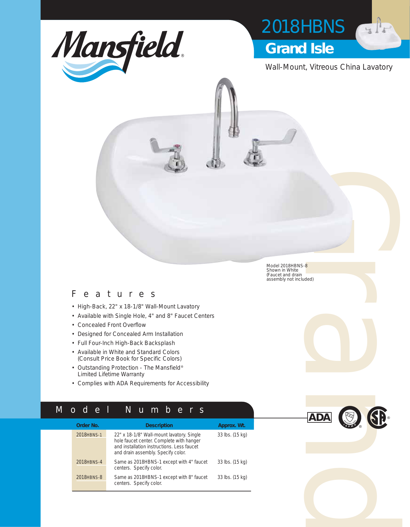Mansfield Plumbing 2018hbns 1 Grande Isle Ada Wall Mount Mansfield Plumbing 2018hbns 1 Grande Isle Ada Wall Mount