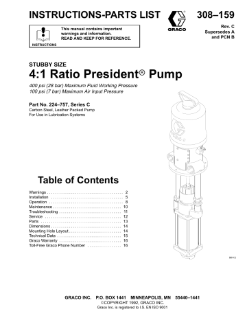 Graco 308159C Stubby Size 4:1 Ratio President Pump Owner's Manual | Manualzz