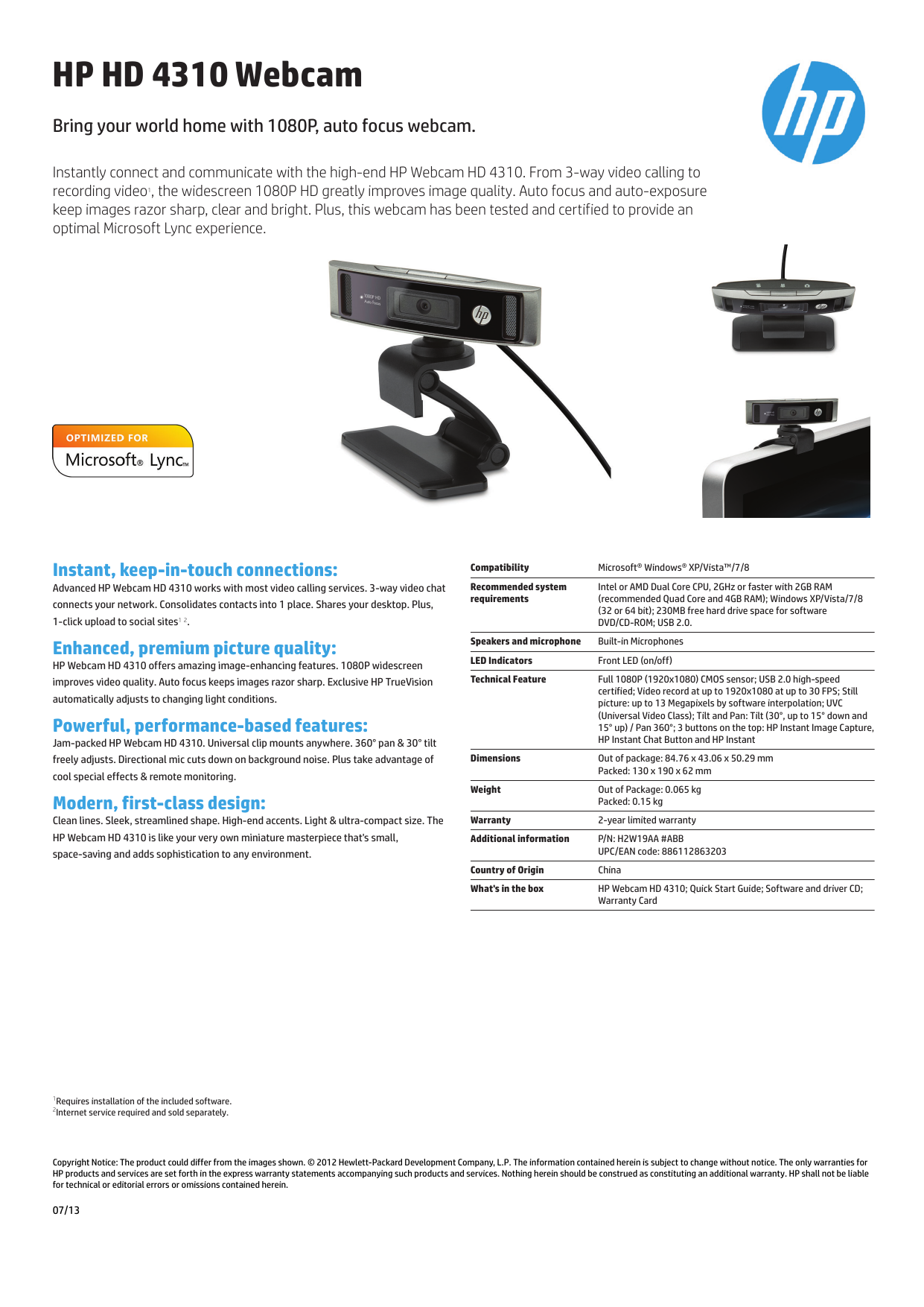 HP HD 4310 Webcam Manualzz