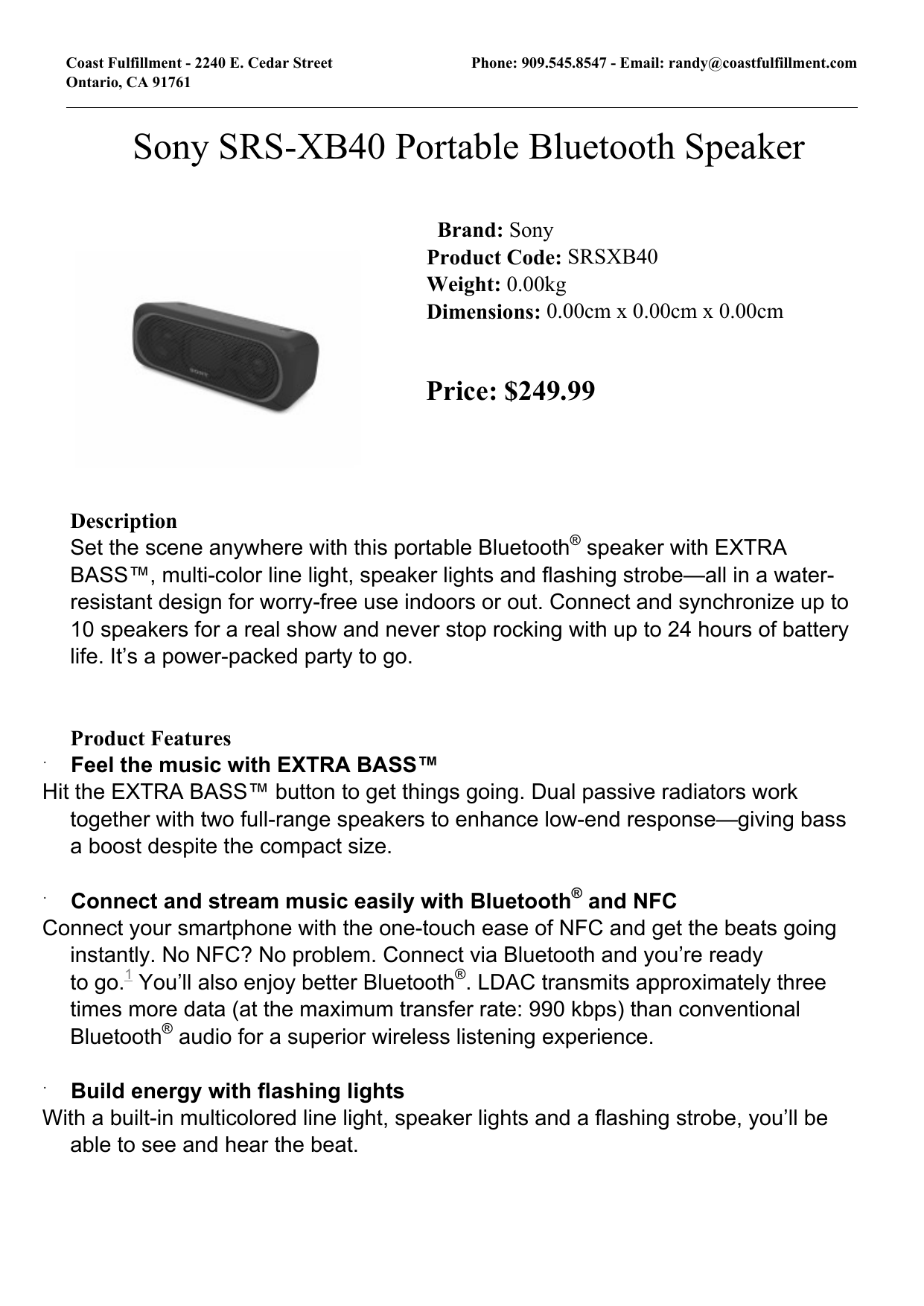 sony srs xb40 power output