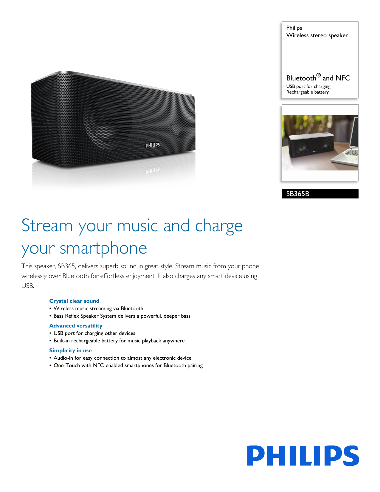 philips sb365b wireless stereo speaker