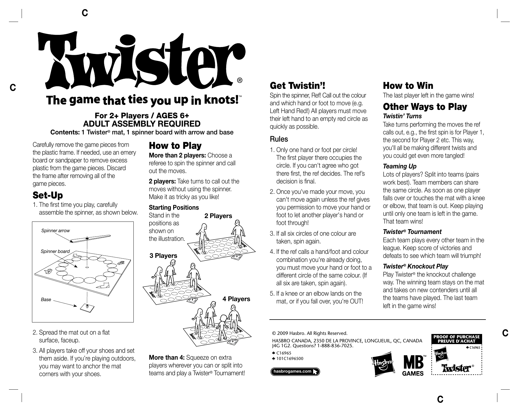 Twister instrucciones solo Hasbro 2012 extra de reemplazo Kid's Family Fiesta Juego 
