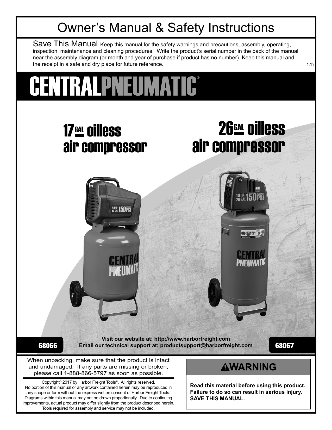 Central Pneumatic 68066 17 gallon 1.8 HP 150 PSI Oil-Free Air ...