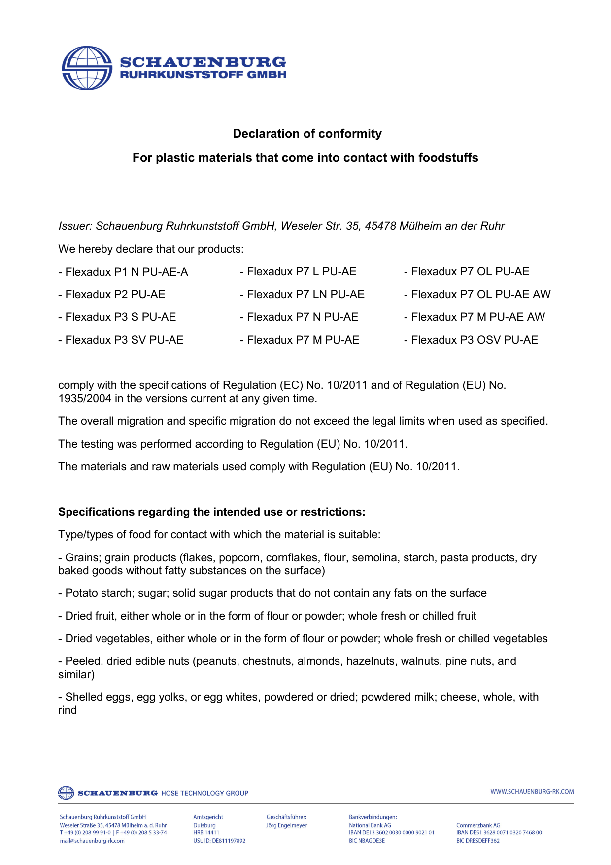 Declaration Of Conformity For Plastic Materials That Come Into Contact Manualzz