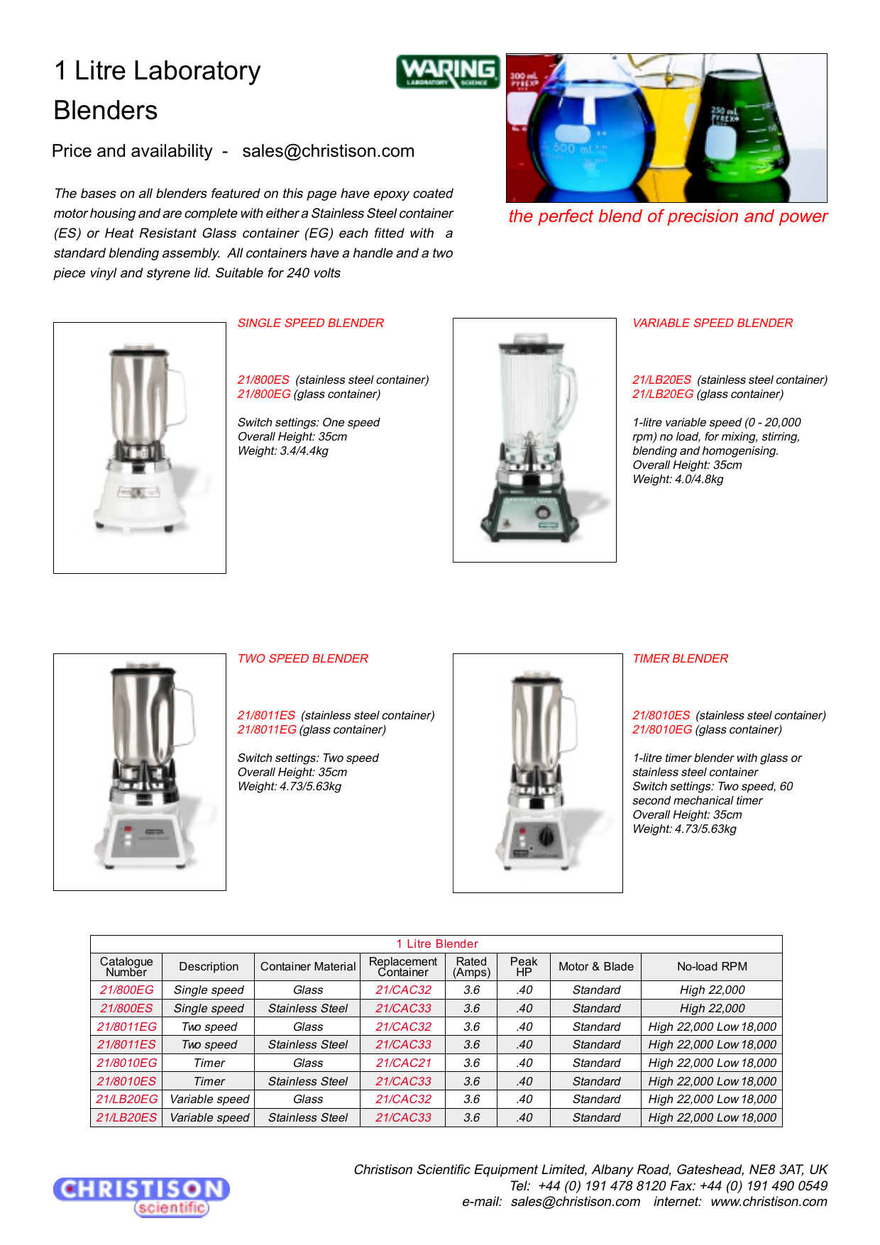 laboratory Blenders-ONE SPEED ,1.2 LITER GLASS CONTAINER