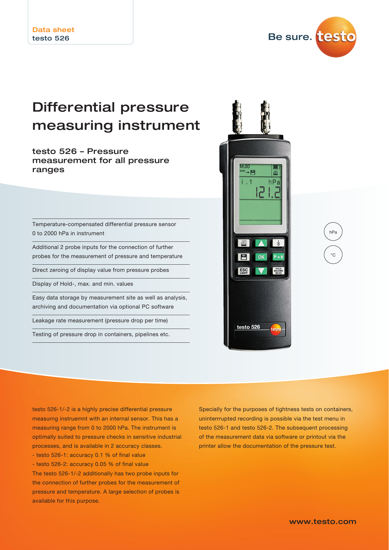 0-100 mbar differential manometer Testo 510 dual input