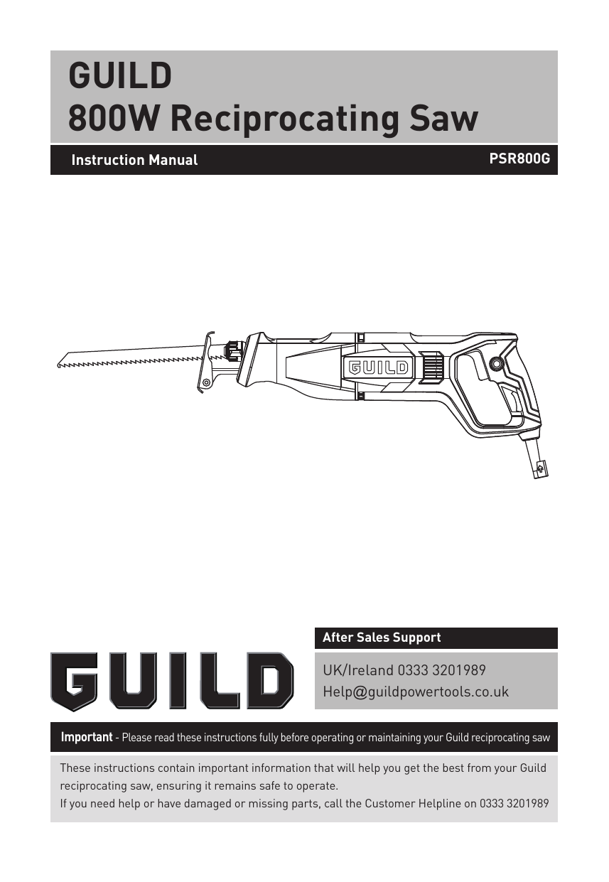 Guild 800W RECIPRICATING SAW Instruction Manual Manualzz