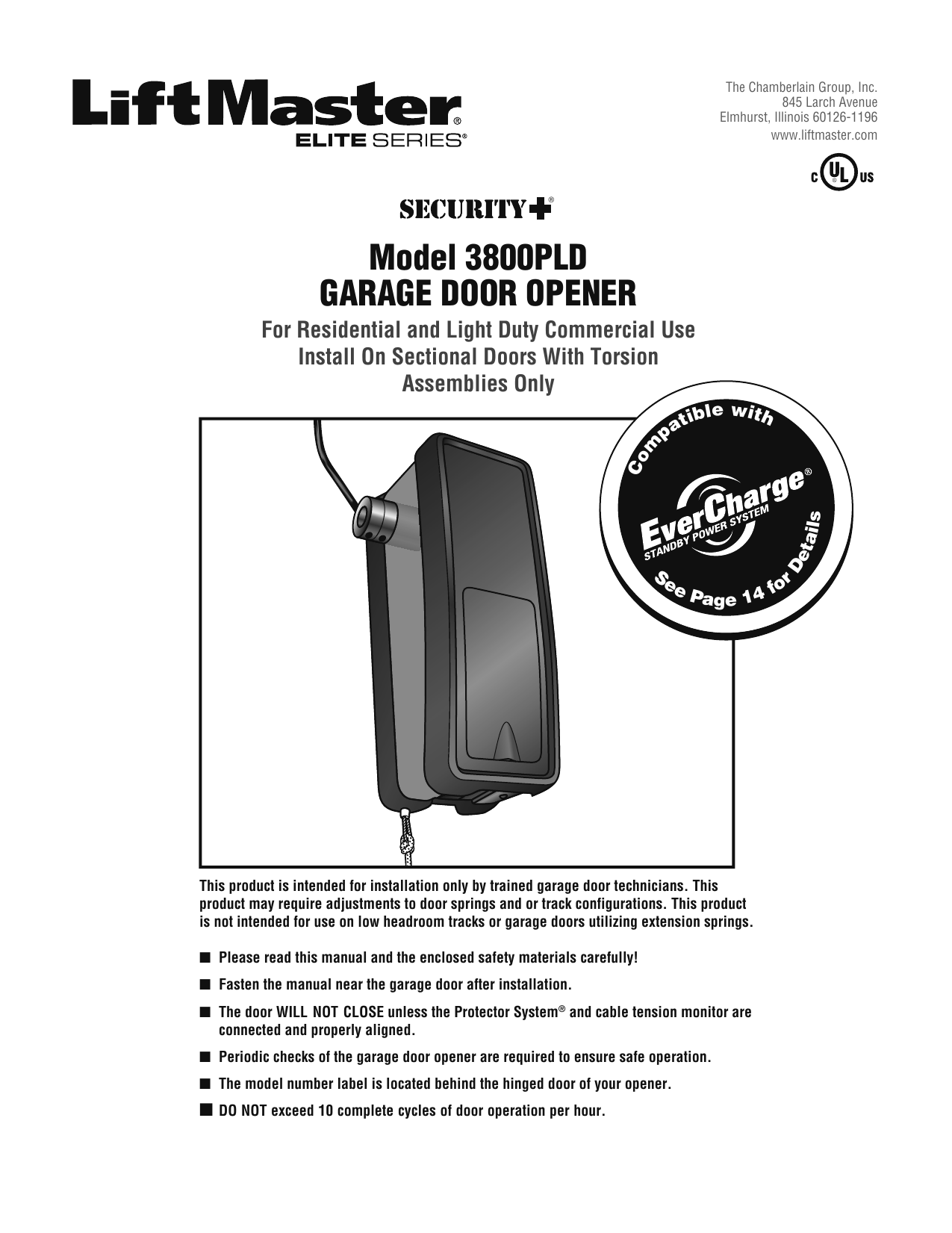 Chamberlain LiftMaster Elite Security+ 3800PLD Installation manual ...