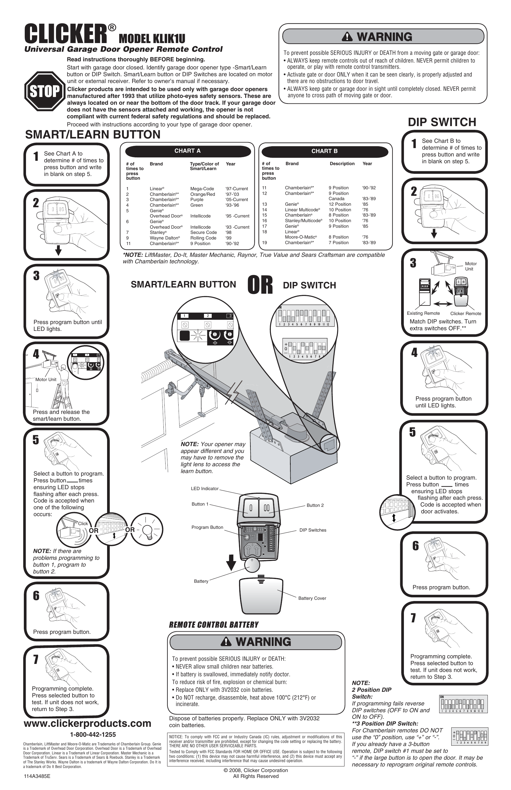 Chamberlain Clt1d Clicker Universal Garage Door Opener Remote Control